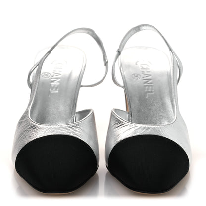 Chanel Laminated Crumpled Lambskin Grosgrain Cap Toe CC Slingback Pumps 41 Silver Black 3 of 11