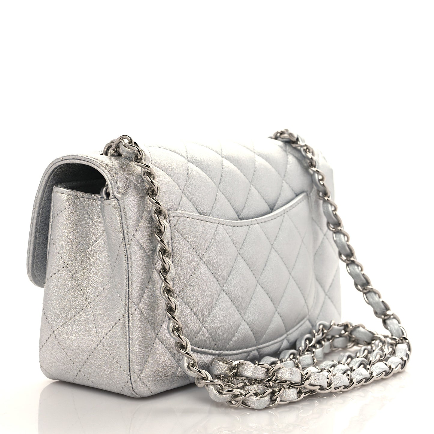 Metallic Lambskin Quilted Mini Rectangular Flap Silver