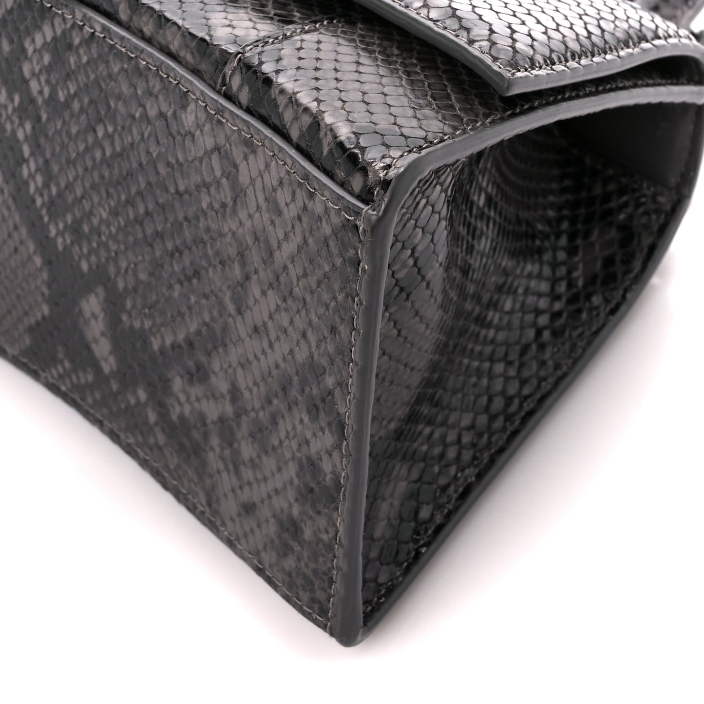 Shiny Calfskin Python Effect Small Hourglass Top Handle Bag Dark Grey Black