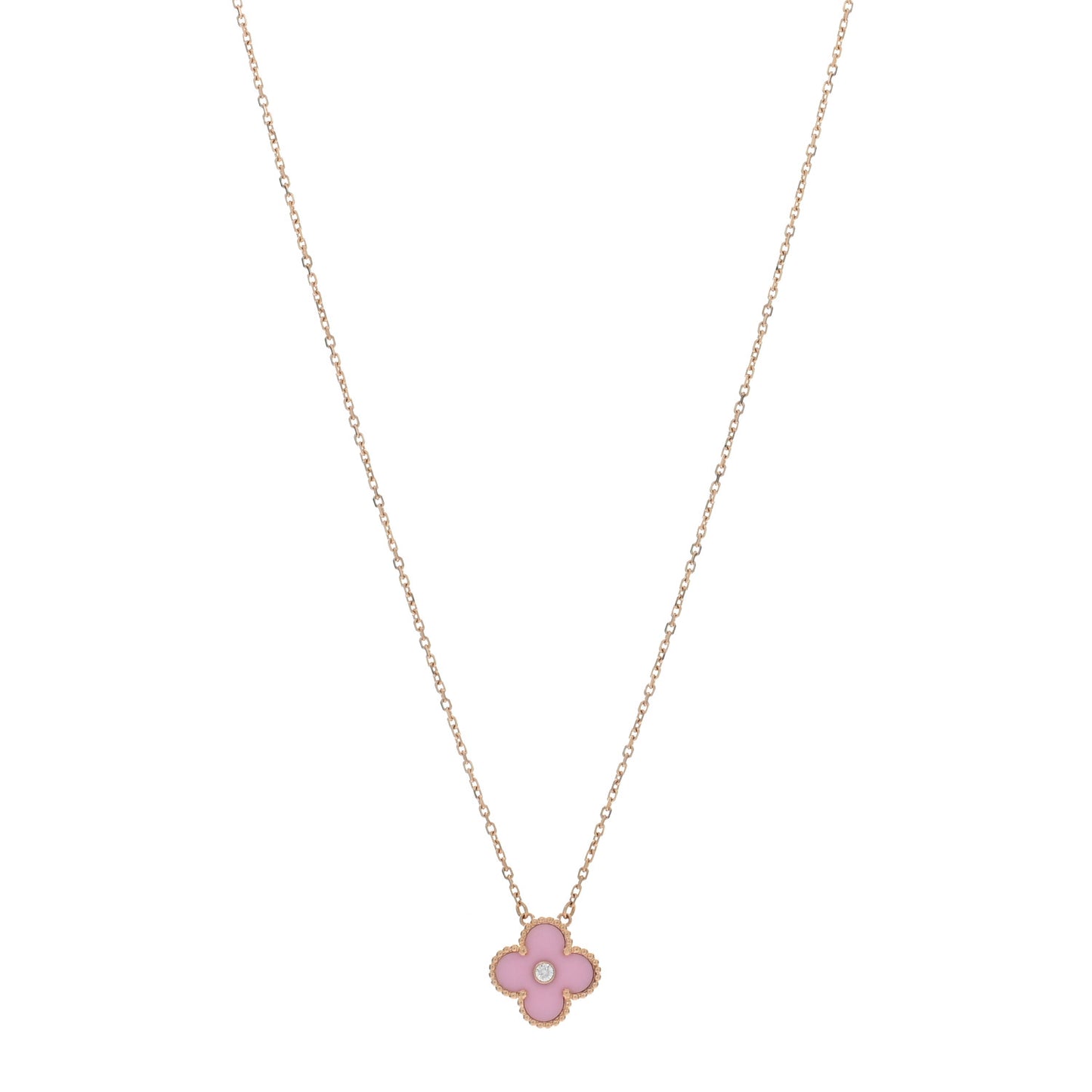18K Rose Gold Diamond Pink Porcelain Vintage Alhambra Pendant Necklace