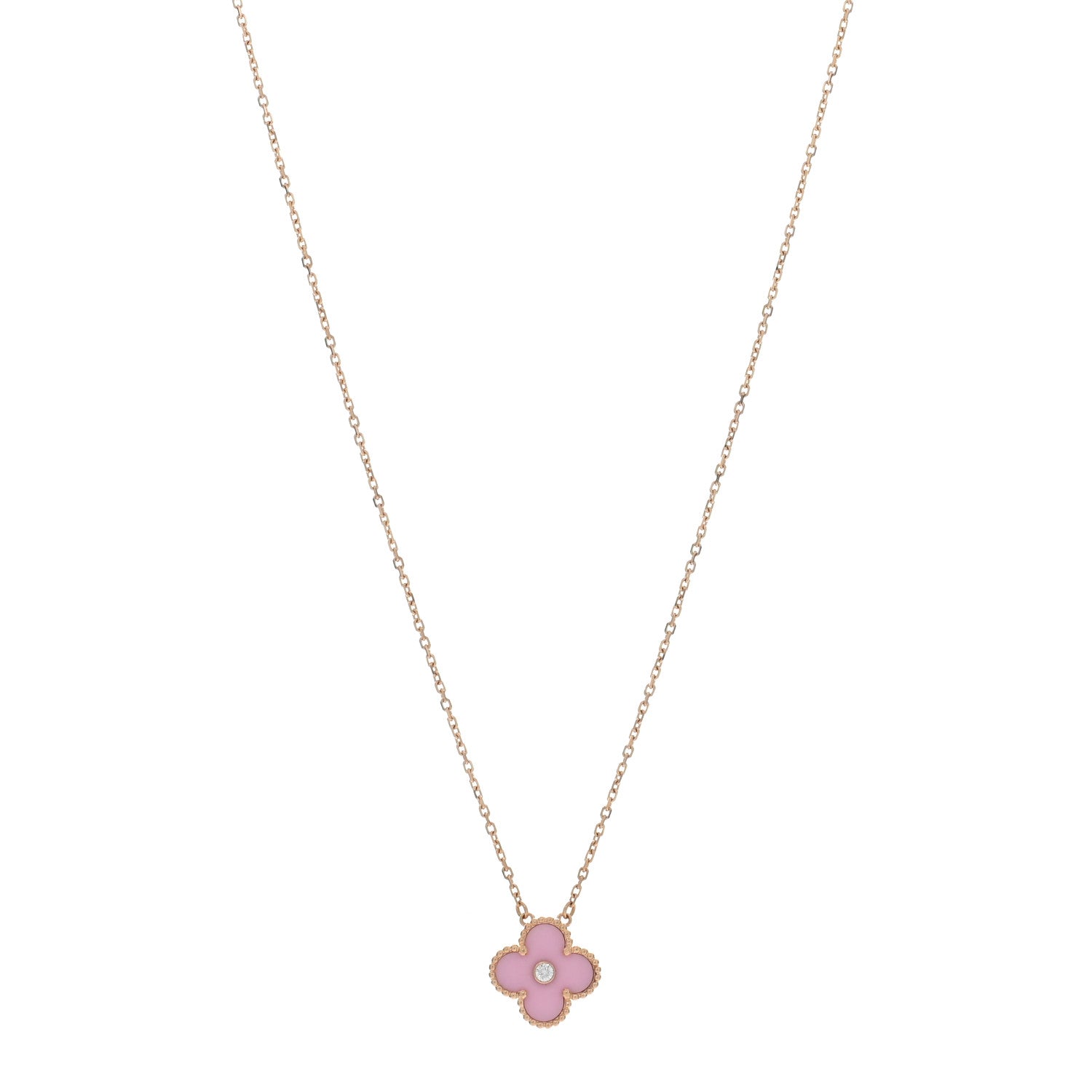 Van Cleef & Arpels 18K Rose Gold Diamond Pink Porcelain Vintage Alhambra Pendant Necklace 1 of 4