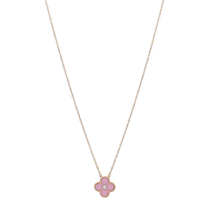 Van Cleef & Arpels 18K Rose Gold Diamond Pink Porcelain Vintage Alhambra Pendant Necklace 1 of 4