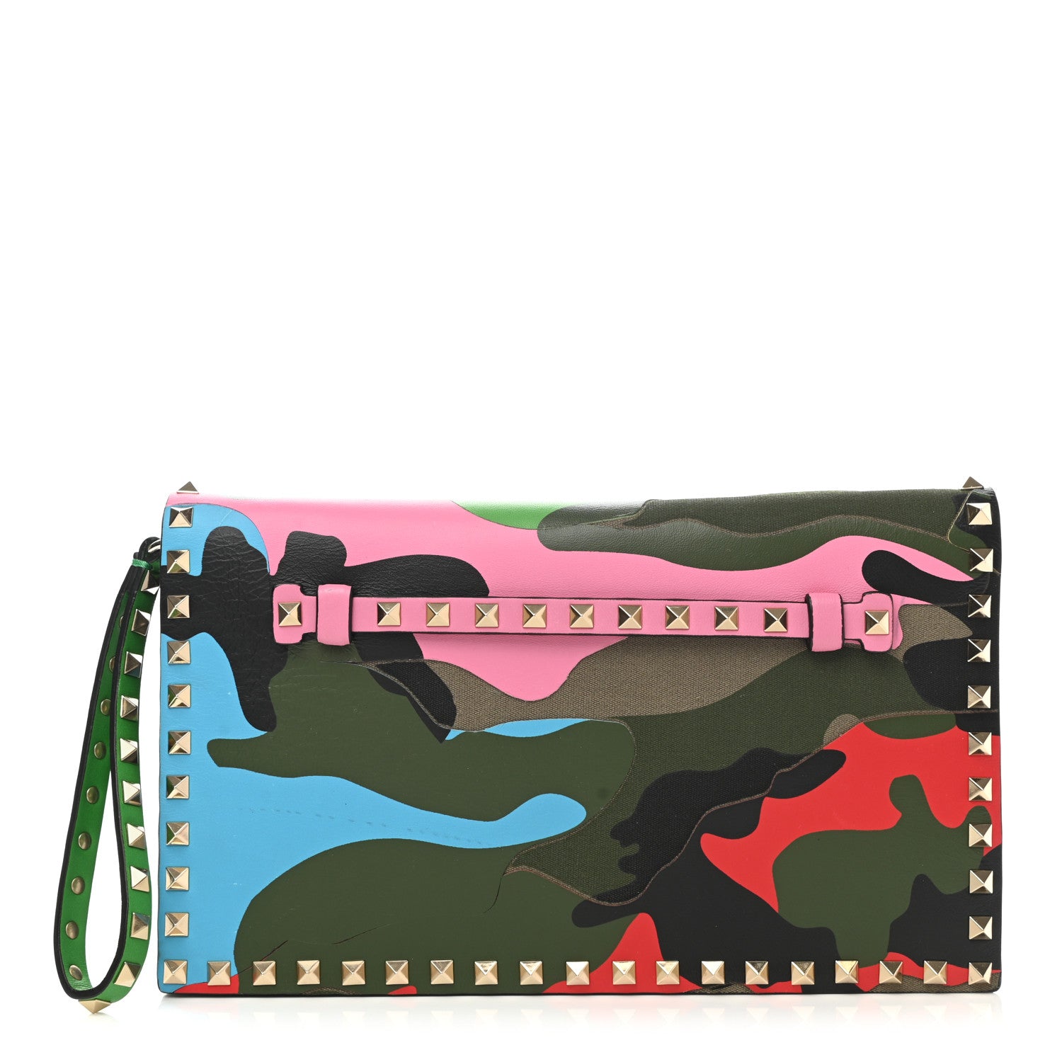 Valentino Garavani Nappa Canvas Camouflage Rockstud Wristlet Clutch Army Green Ninphea Parrot 1 of 9
