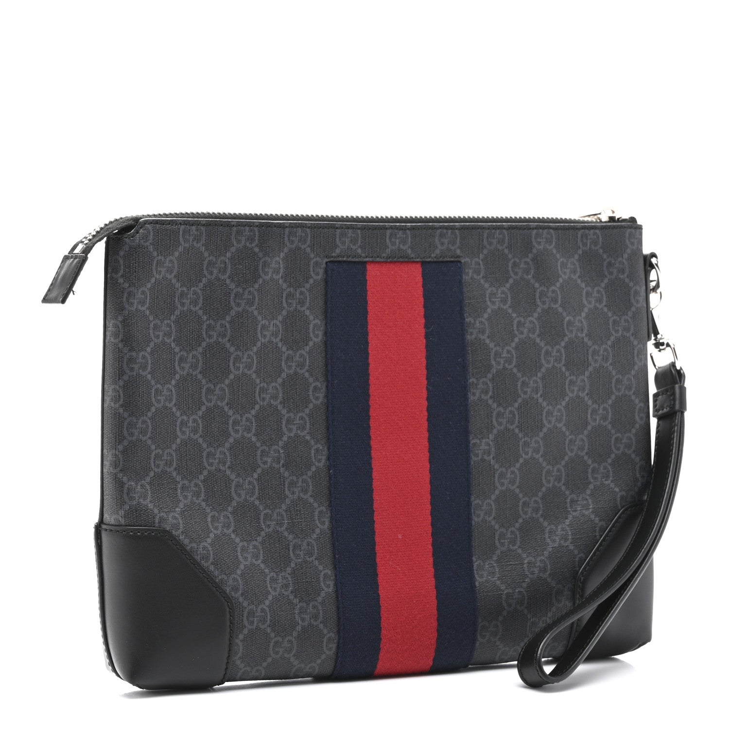 Gucci GG Supreme Monogram Calfskin Web Flat Wristlet Black Grey 3 of 9