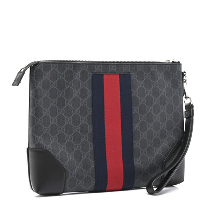 Gucci GG Supreme Monogram Calfskin Web Flat Wristlet Black Grey 3 of 9