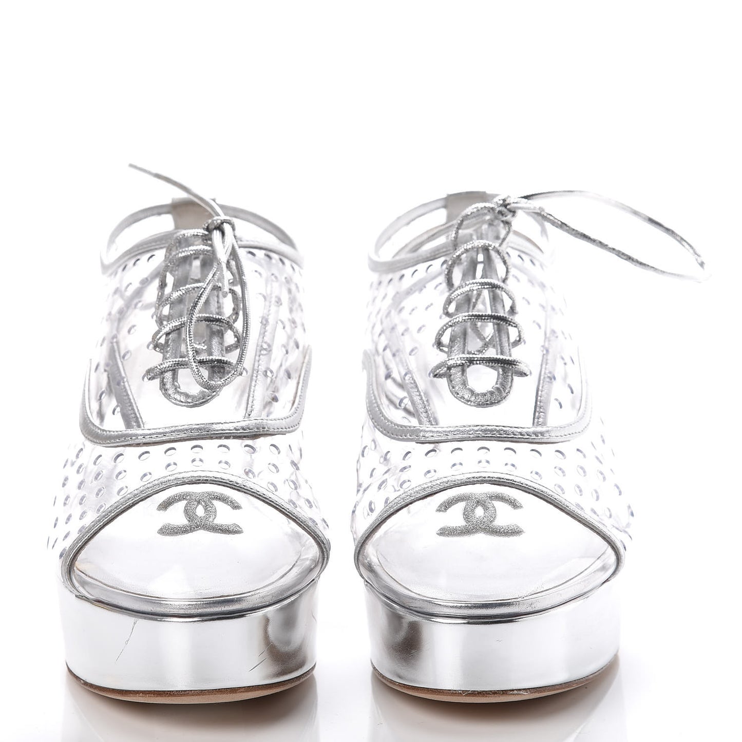 Metallic Calfskin PVC Cap Toe Lace Up Platform Heels 36 Silver