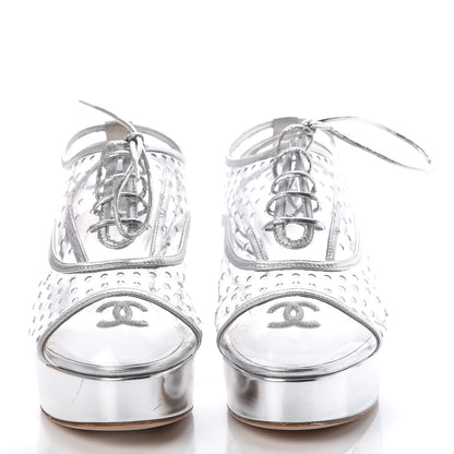 Chanel Metallic Calfskin PVC Cap Toe Lace Up Platform Heels 36 Silver 2 of 9