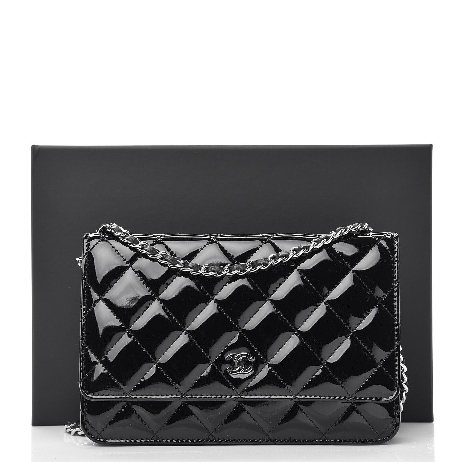Chanel Patent Quilted Wallet On Chain WOC Black 9 of 9