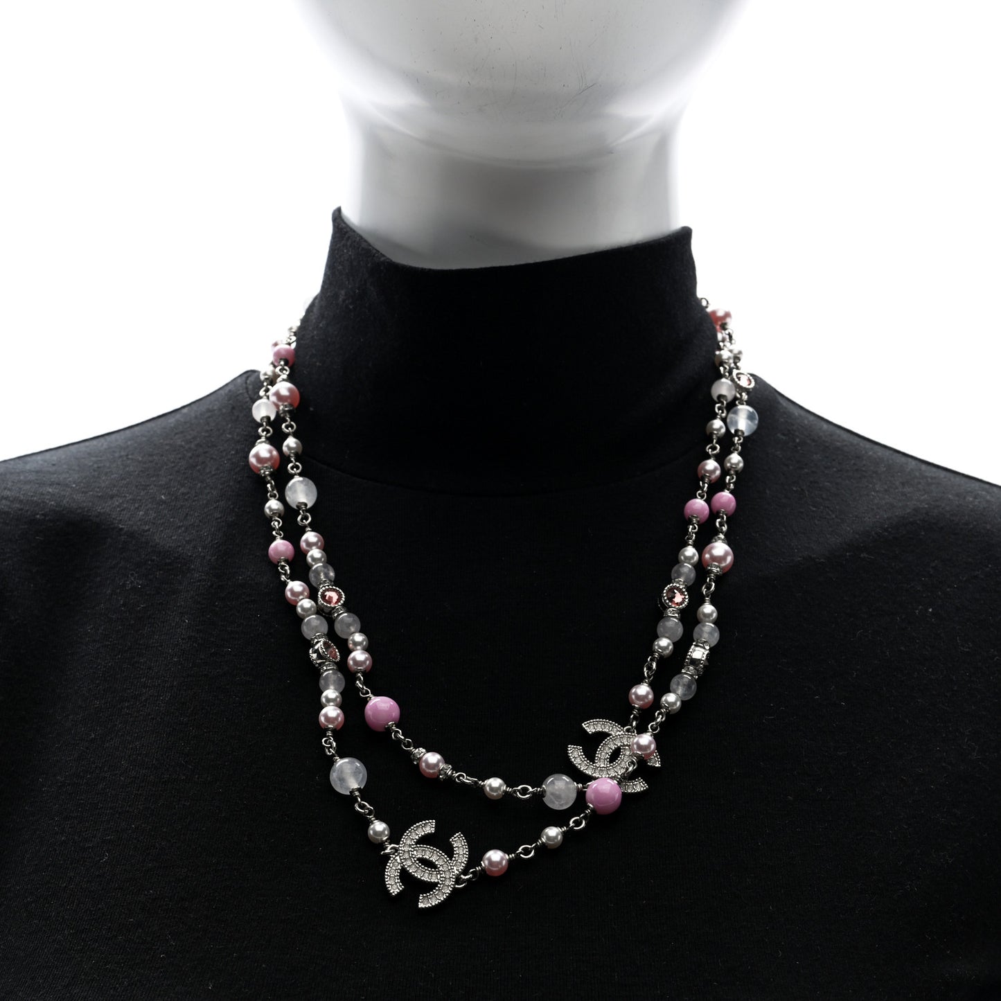 Pearl Crystal Beaded Crystal CC Long Necklace  Silver Pearly White Pink