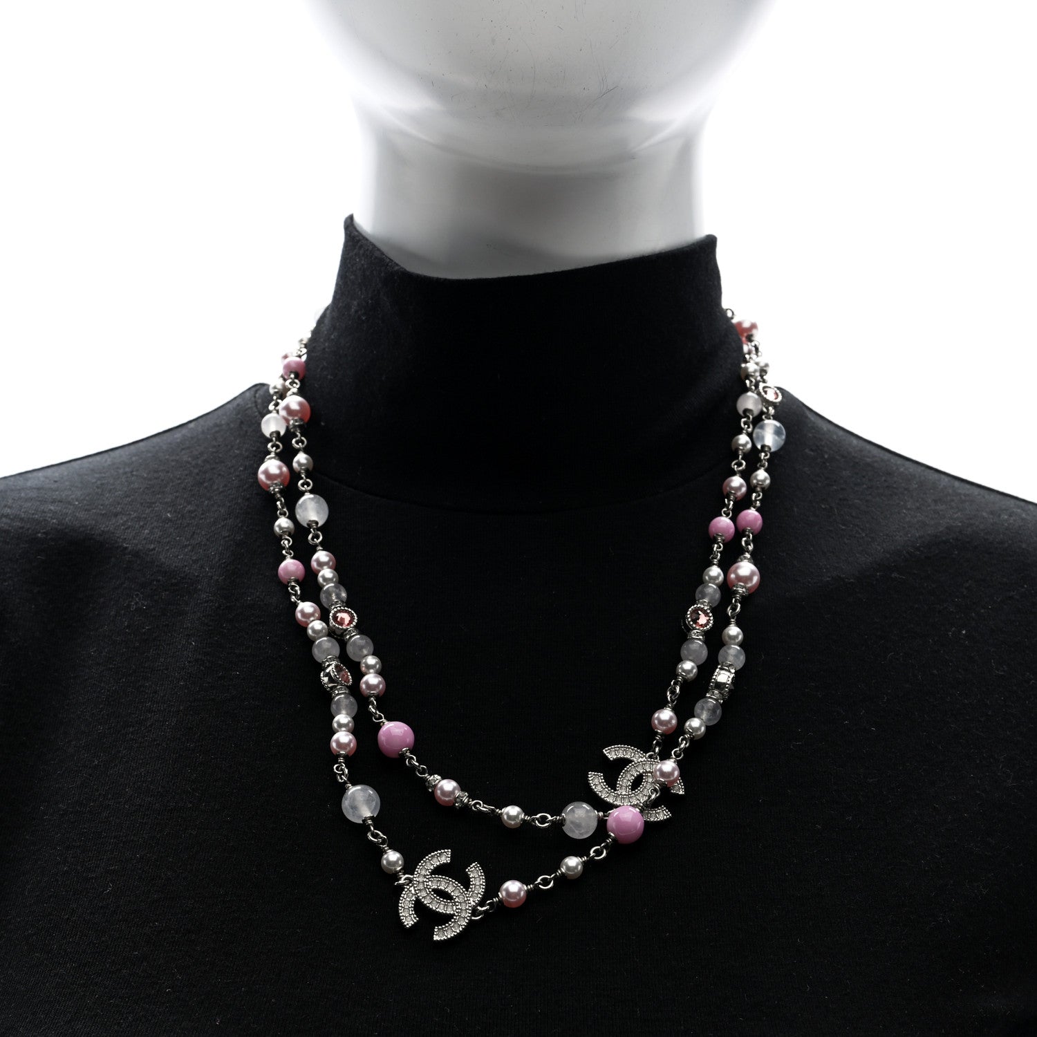 Chanel Pearl Crystal Beaded Crystal CC Long Necklace  Silver Pearly White Pink 2 of 4