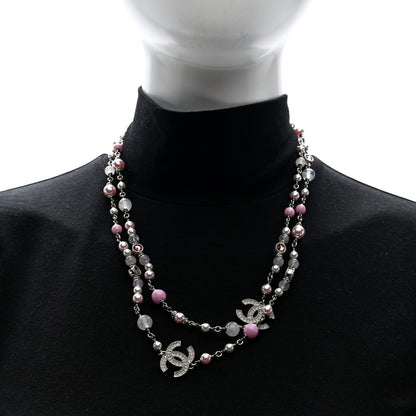 Chanel Pearl Crystal Beaded Crystal CC Long Necklace  Silver Pearly White Pink 2 of 4