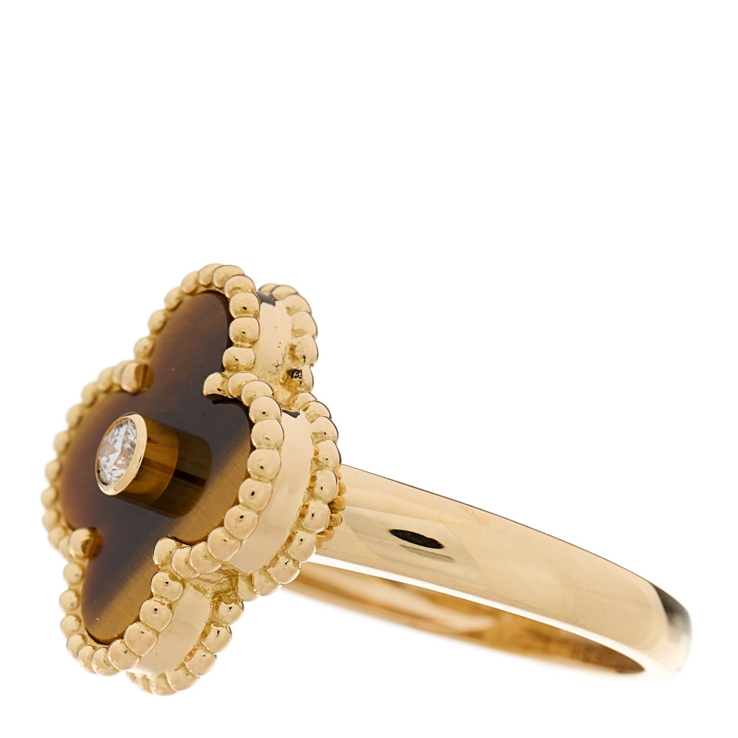 Van Cleef & Arpels 18K Yellow Gold Diamond Tigers Eye Vintage Alhambra Ring 48 4.5 3 of 6