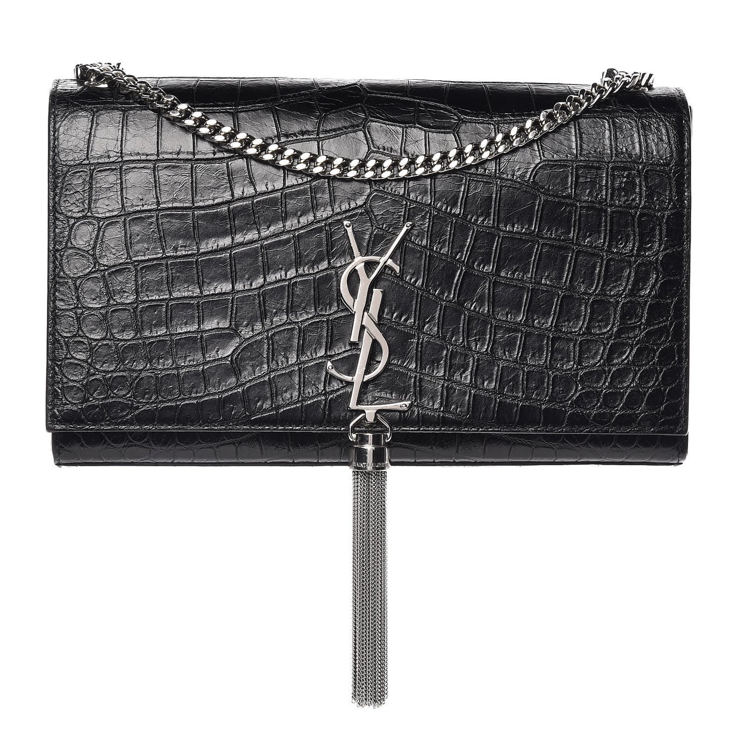 Calfskin Crocodile Embossed Medium Classic Monogram Kate Tassel Satchel Black
