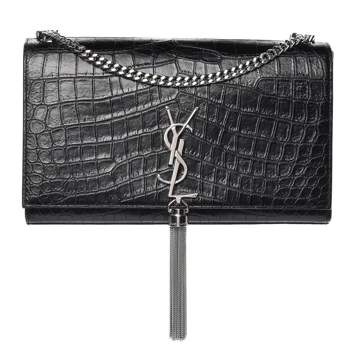 Saint Laurent Calfskin Crocodile Embossed Medium Classic Monogram Kate Tassel Satchel Black 1 of 12