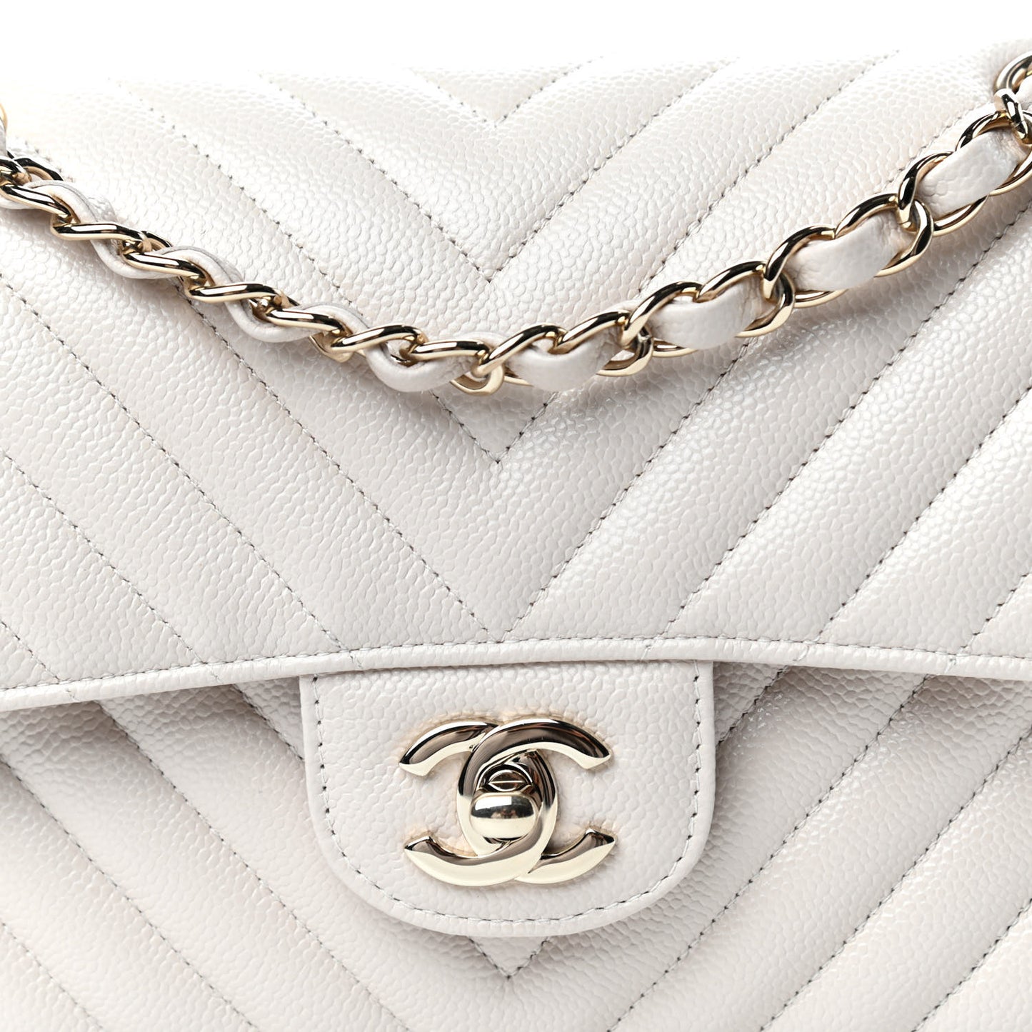 Caviar Chevron Quilted Small Double Flap Beige