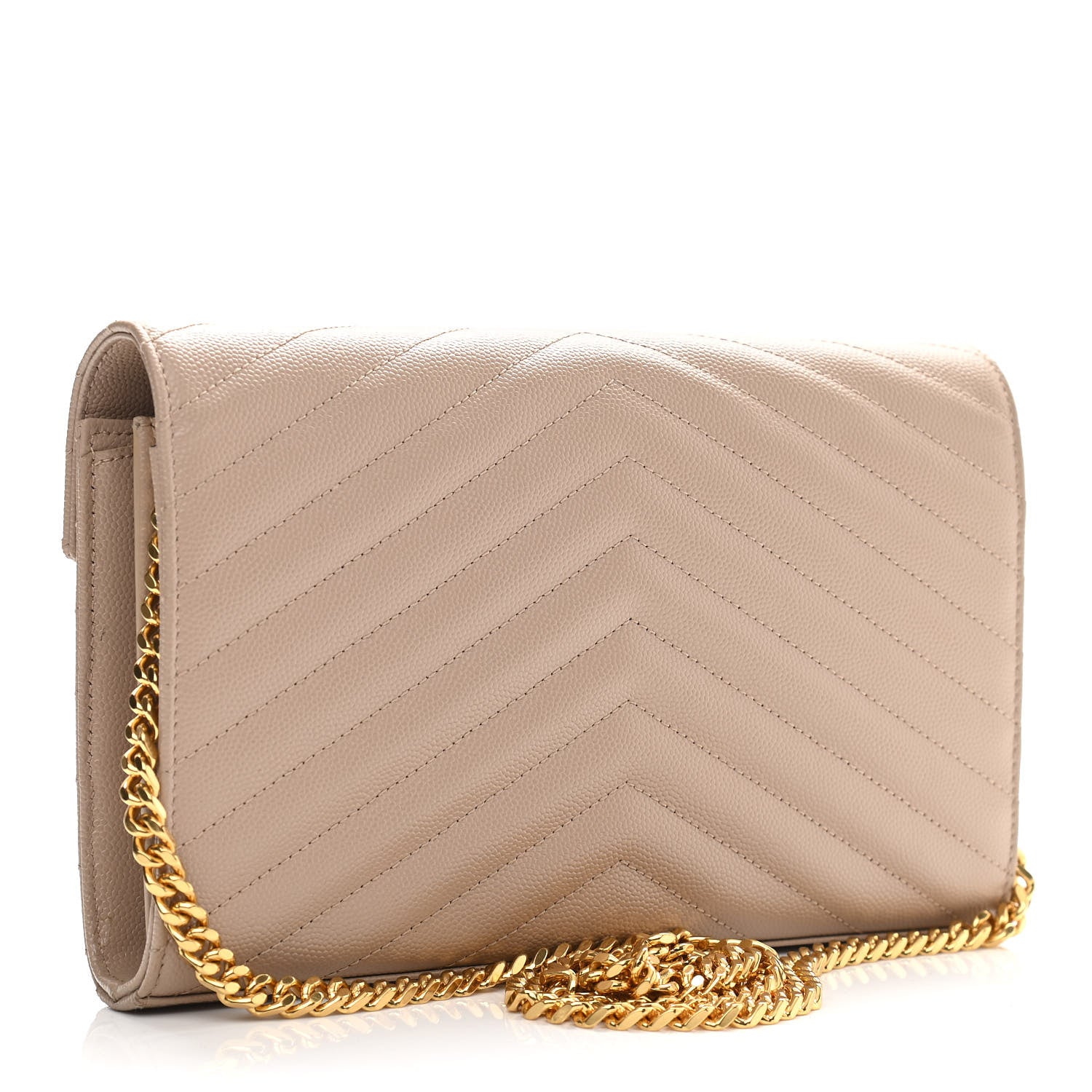 Saint Laurent Grain De Poudre Matelasse Chevron Monogram Chain Wallet Dark Beige 3 of 12