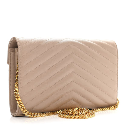 Saint Laurent Grain De Poudre Matelasse Chevron Monogram Chain Wallet Dark Beige 3 of 12