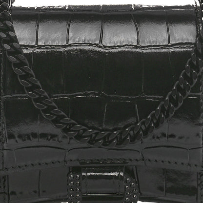 Balenciaga Shiny Calfskin Strass Monochrome Crocodile Embossed Hourglass Chain Bag Black 7 of 9