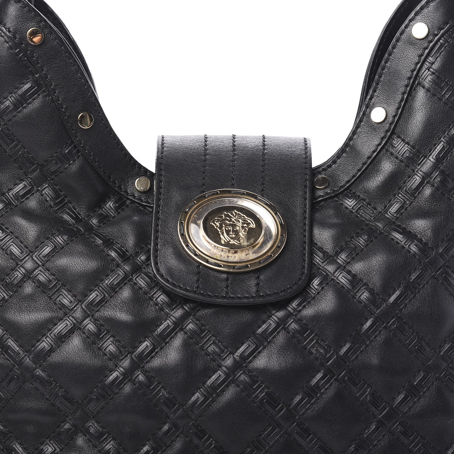Calfskin Greca Argyle Embossed Medusa Hobo Black