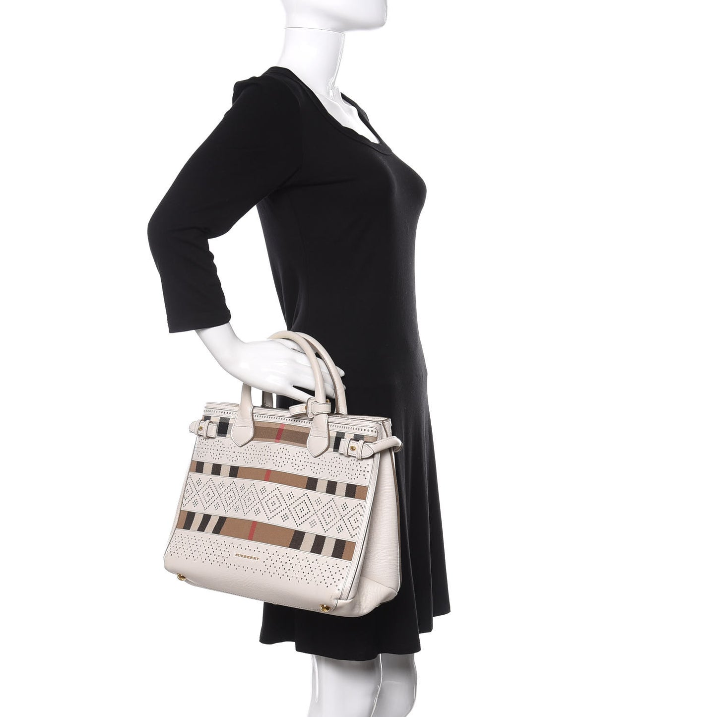 Calfskin House Check Perforated Medium Banner Tote Natural