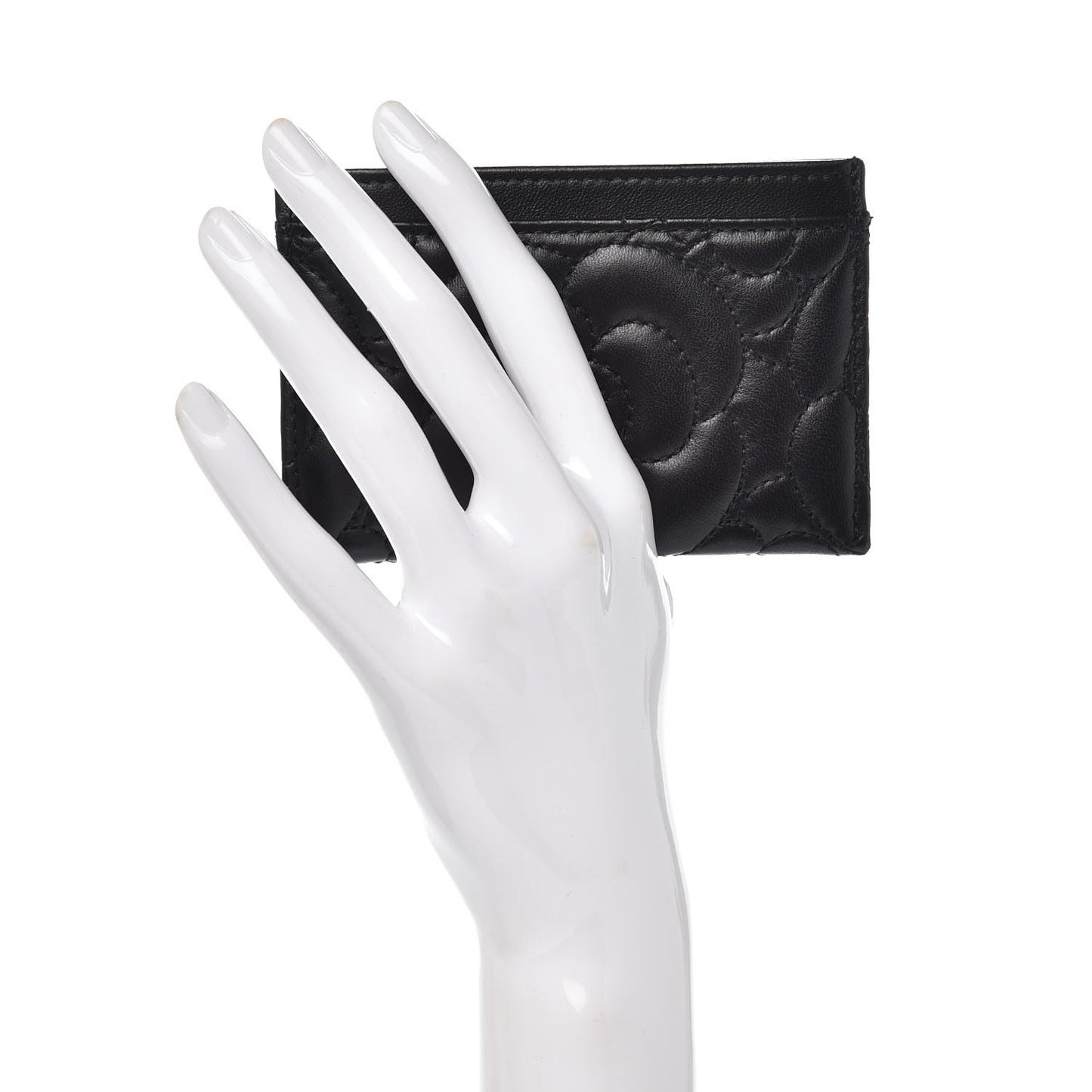 Lambskin Camellia Embossed Card Holder Black