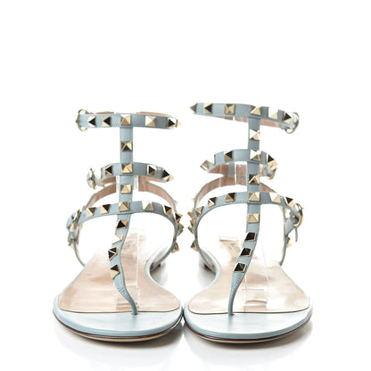 Valentino Garavani Calfskin Rockstud Ankle Wrap Flat Thong Sandals 37 Celadon 2 of 8