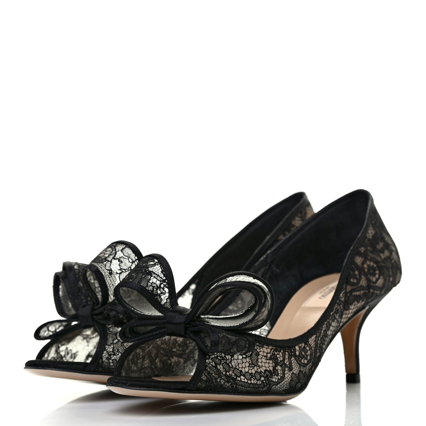 Satin Lace Couture Bow Peep Toe Low Heel Pumps 38.5 Black