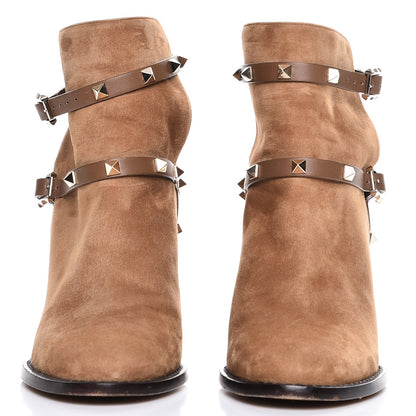 Valentino Garavani Suede Rockstud Double Buckle 100mm Block Heel Ankle Boots 38.5 Nocciola 2 of 9