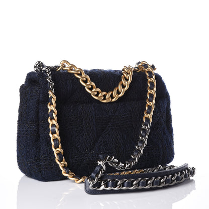 Chanel Tweed Quilted Medium 19 Flap Navy Blue Black 2 of 9