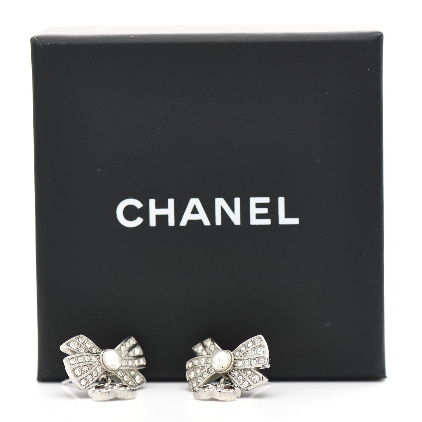 Crystal Pearl Bow CC Drop Earrings Silver