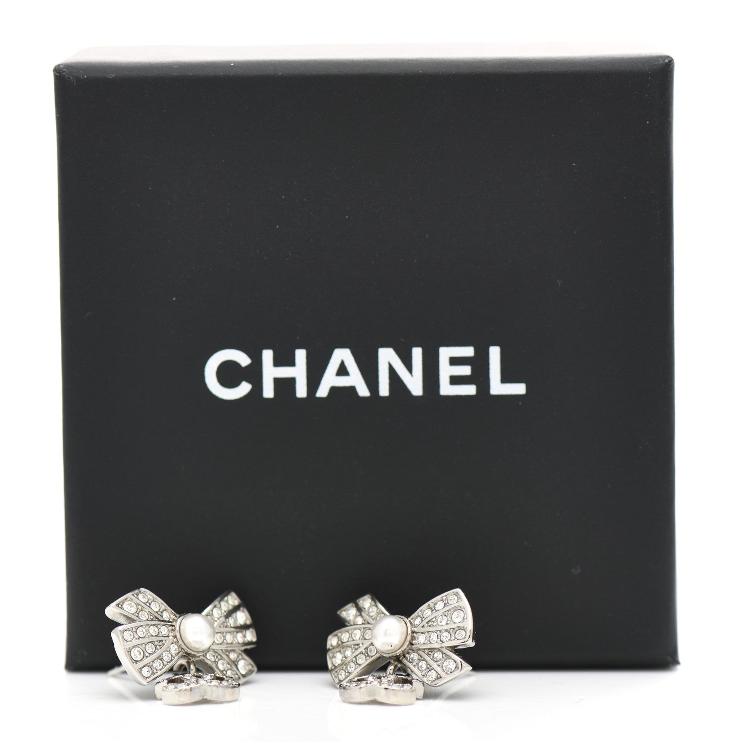 Chanel Crystal Pearl Bow CC Drop Earrings Silver 5 of 5