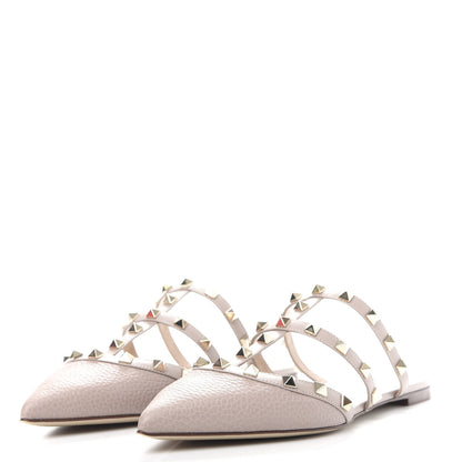 Valentino Garavani Pebbled Calfskin Rockstud Flat Cage Mules 38.5 Poudre 3 of 11