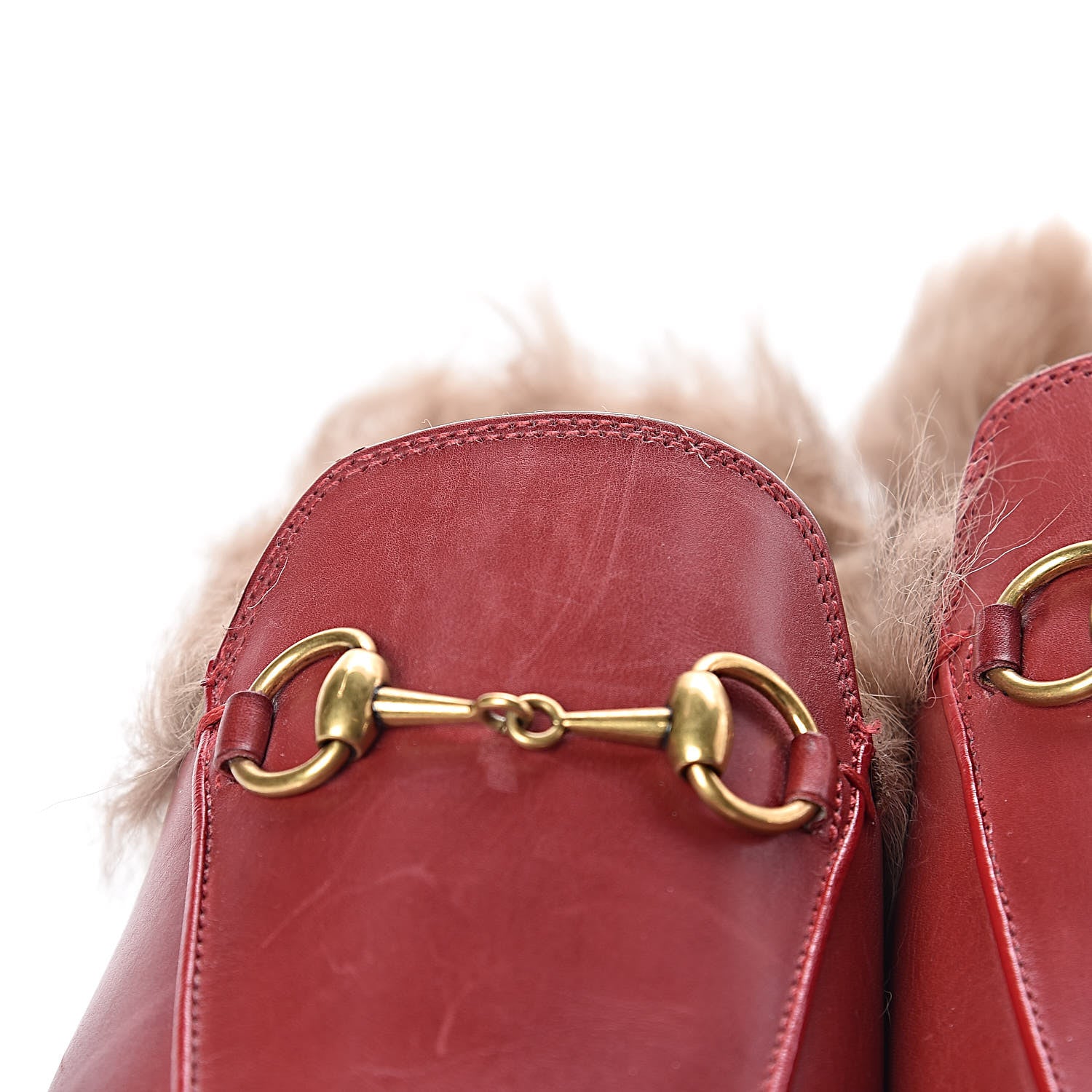 Gucci Betis Glamour Calfskin Fur Womens Princetown Slippers 35.5 Hibiscus Red Naturale 8 of 10