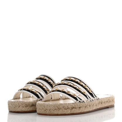 Chanel Lambskin Chain Espadrille Slip On Sandals 37 Black White 3 of 8