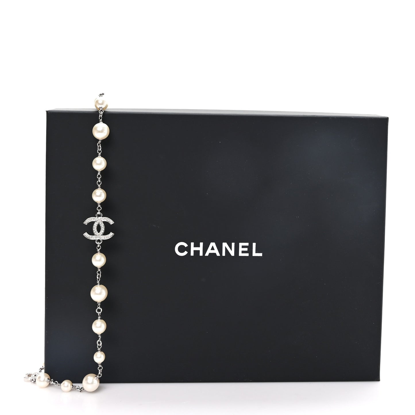 Graduated Pearl Crystal CC Long Necklace Silver