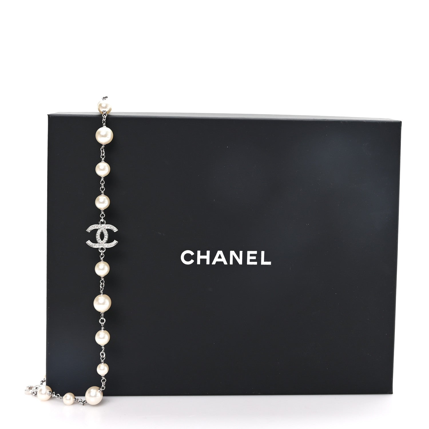 Chanel Graduated Pearl Crystal CC Long Necklace Silver 5 of 5