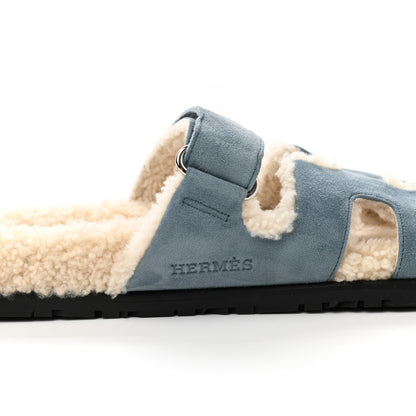 Hermes Suede Goatskin Woolskin Womens Chypre Sandals 39 Bleu Pinede Ecru 9 of 10