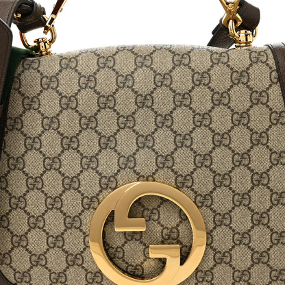 Gucci GG Supreme Monogram Textured Dollar Calfskin Web Medium Blondie Top Handle Shoulder Flap Bag Beige Ebony New Acero 8 of 11