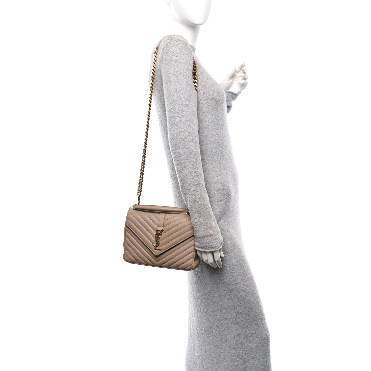 Saint Laurent Sheepskin Matelasse Chevron Monogram Medium College Bag Dark Beige 2 of 11