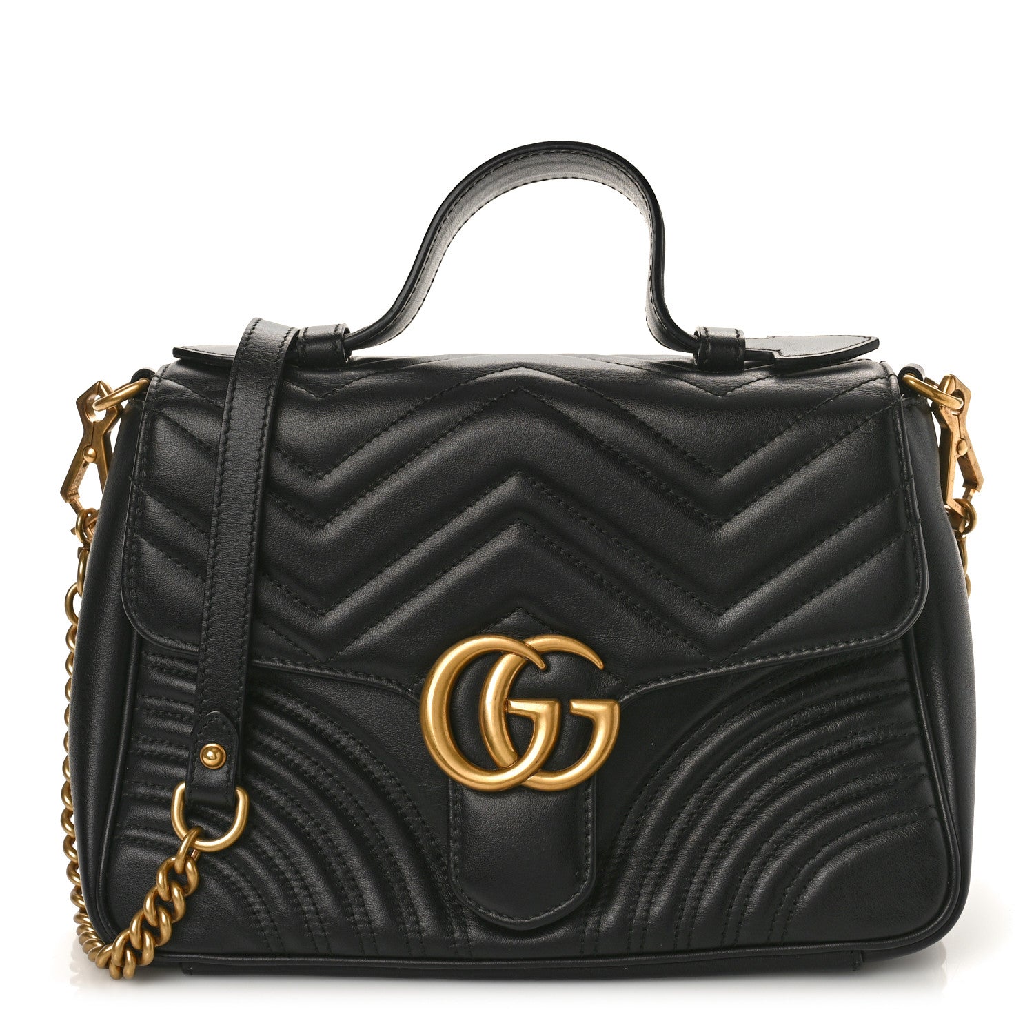 Gucci Calfskin Matelasse Small GG Marmont Top Handle Shoulder Bag Black 1 of 9