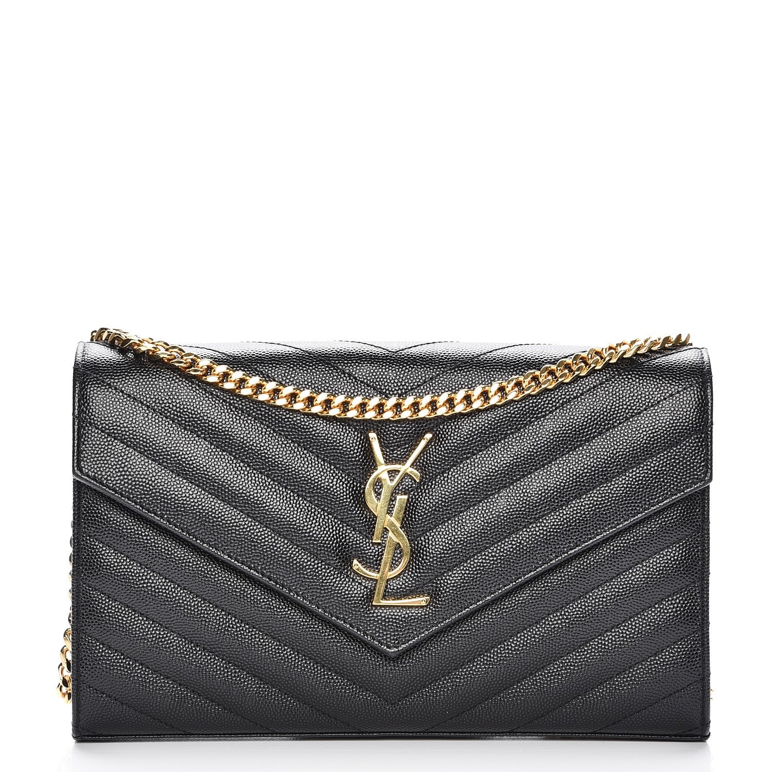 Saint Laurent Grain De Poudre Matelasse Chevron Monogram Chain Wallet Black 1 of 8