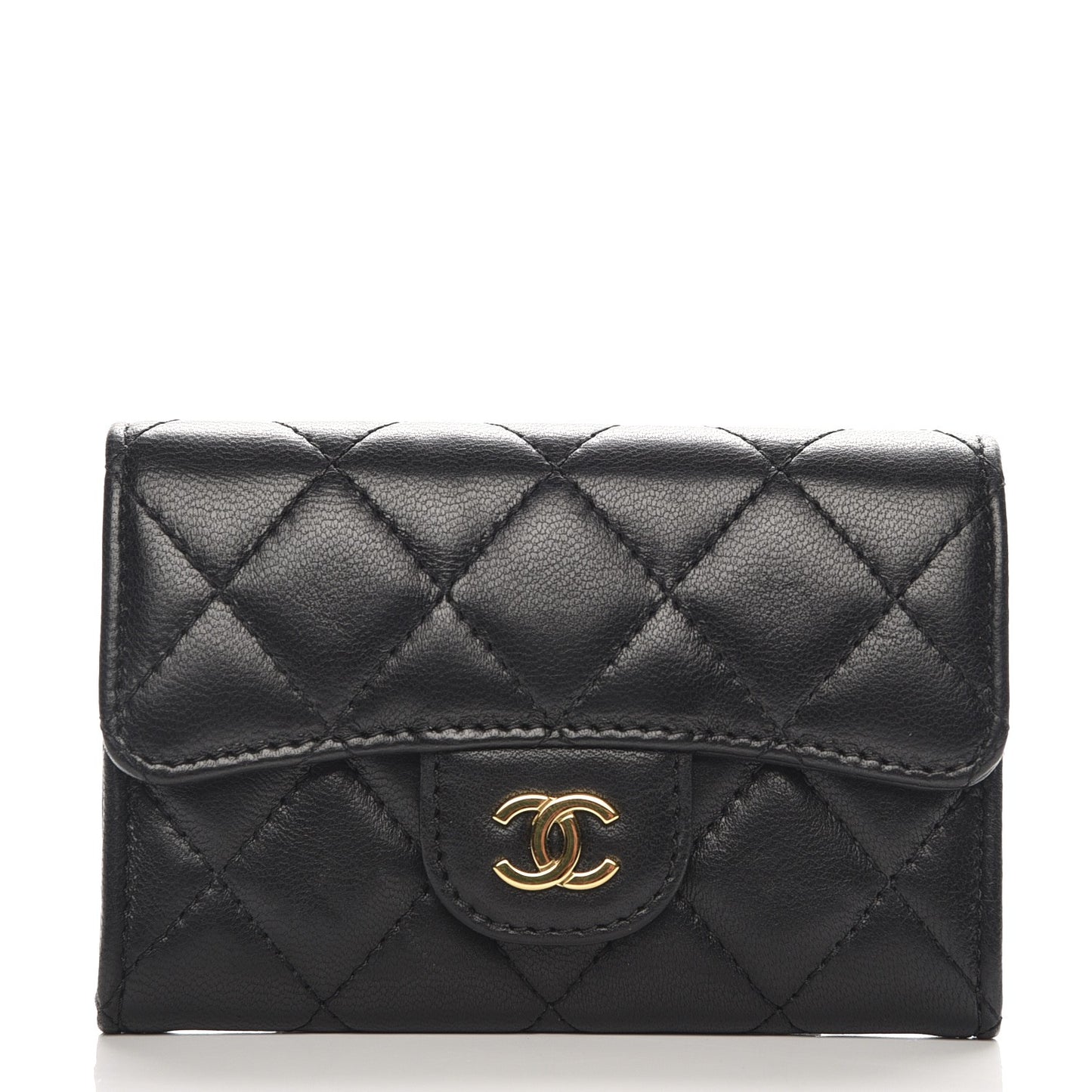 Lambskin Quilted Flap Card Holder Black