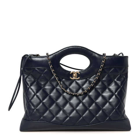 Shiny Lambskin Quilted 31 Shopping Bag Navy