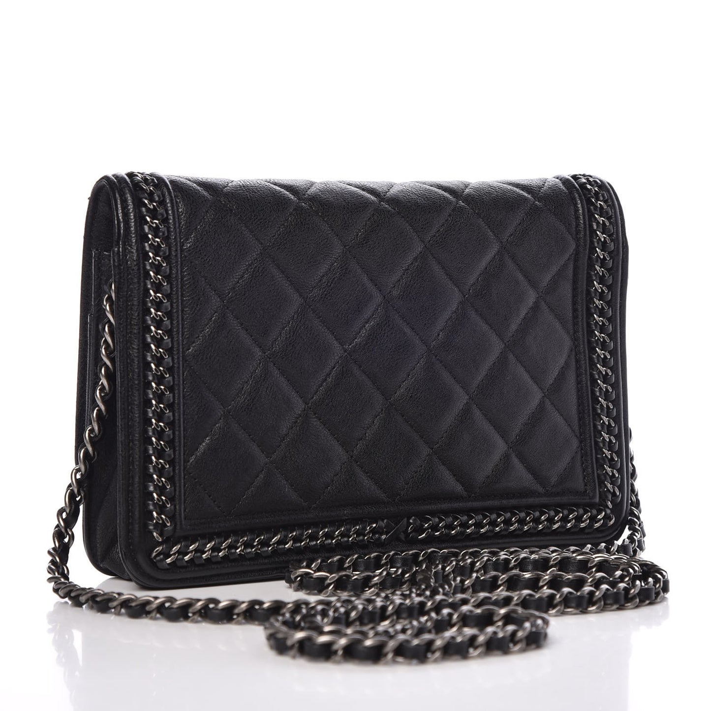 Calfskin Quilted Chain Around Boy Wallet On Chain WOC Black