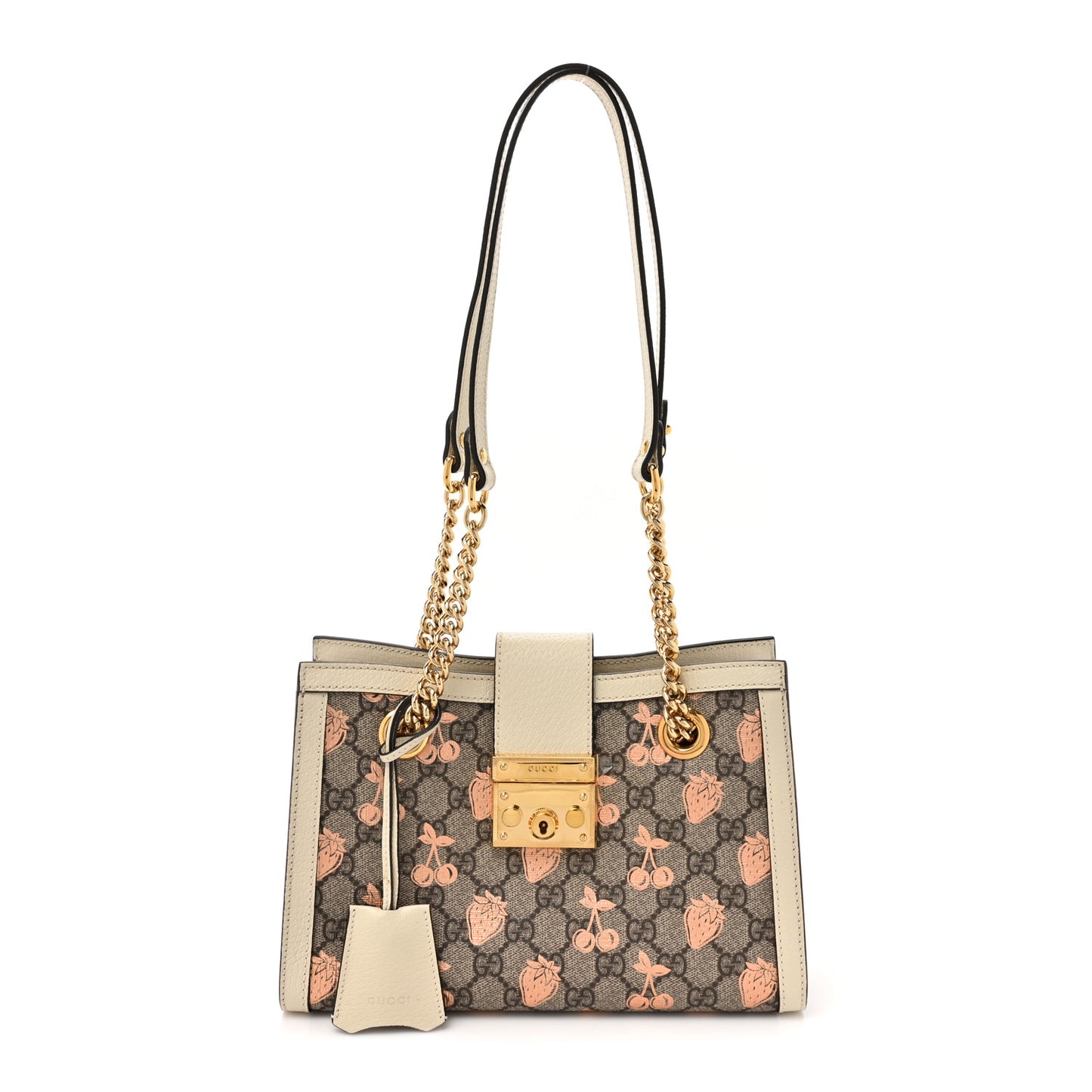 GG Supreme Monogram Berry Textured Dollar Calfskin Small Padlock Tote Beige Ebony Light Copper Mystic White