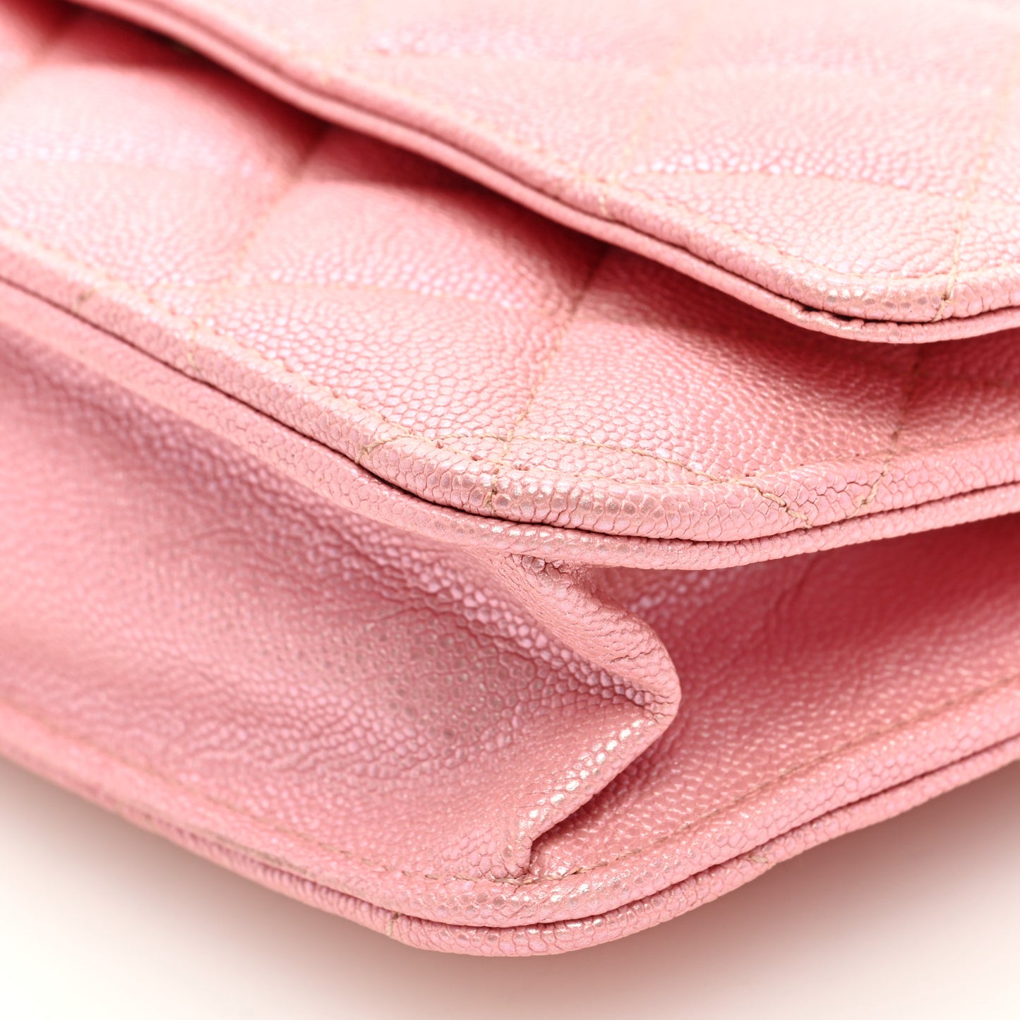 Iridescent Caviar Quilted Wallet on Chain WOC Rose Pink