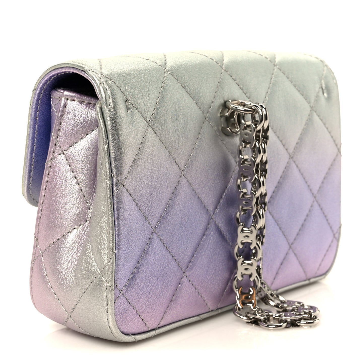 Gradient Metallic Calfskin Quilted Clutch Silver Blue Yellow Purple