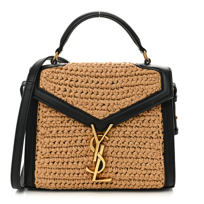 Saint Laurent Raffia Calfskin Mini Classic Monogram Cassandra Top Handle Black Natural 1 of 10