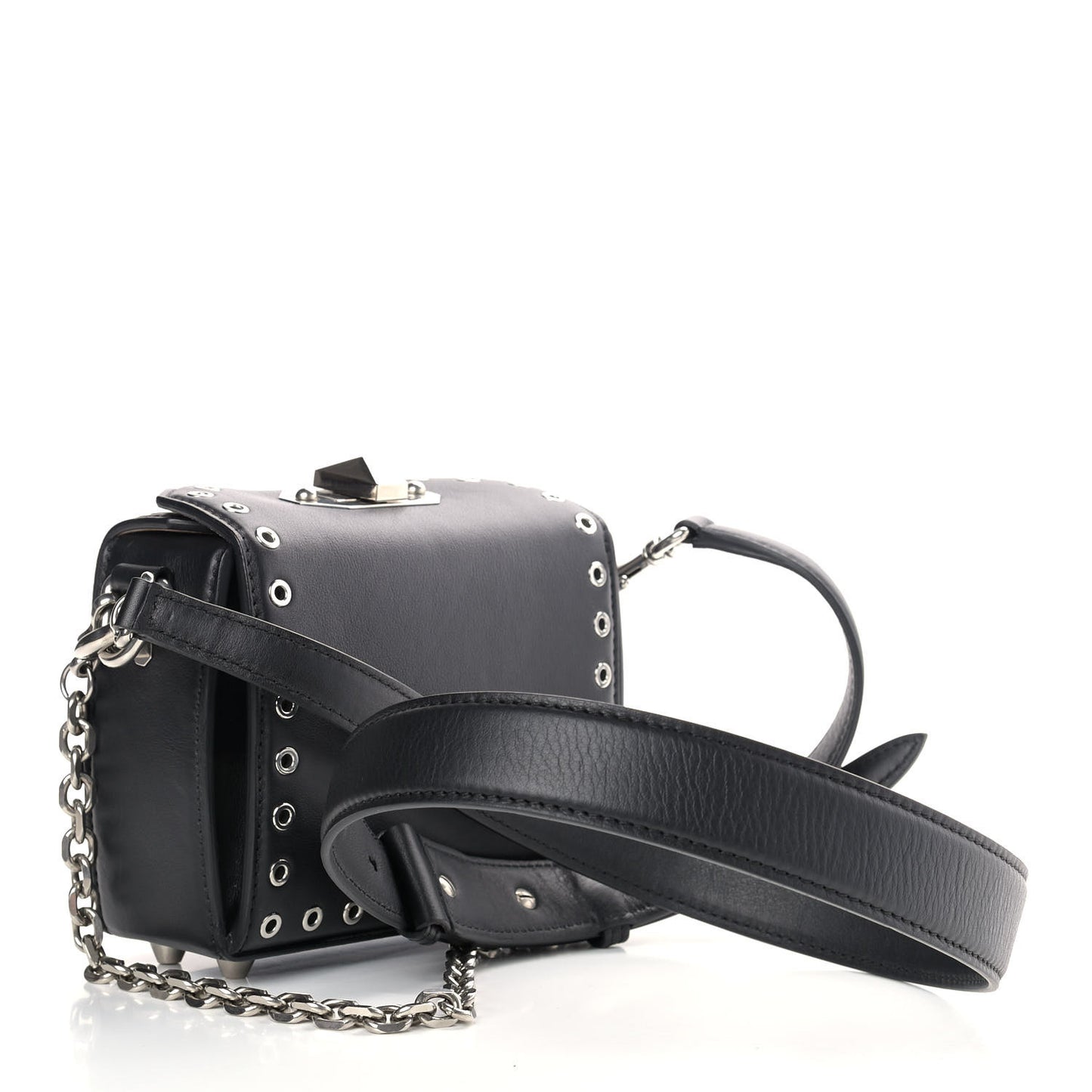 Fine Grain Goatskin Perforated Box Shoulder Bag 16 Black