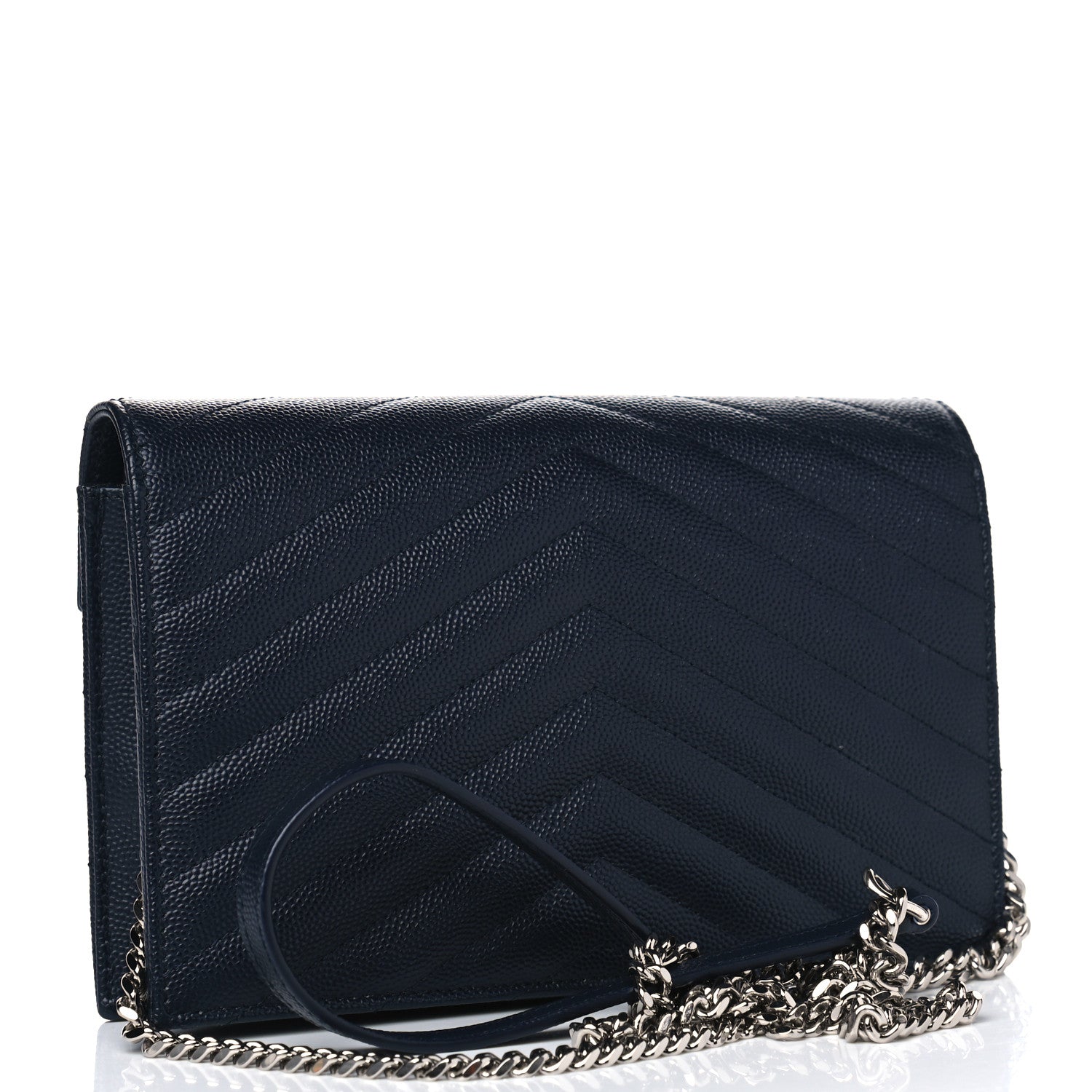 Saint Laurent Grain De Poudre Matelasse Chevron Monogram Envelope Chain Wallet Navy 2 of 4